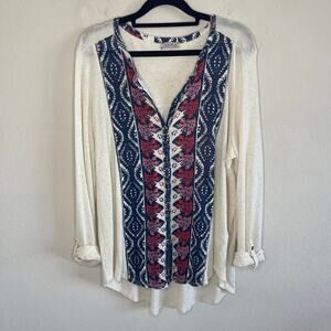 Lucky Brand Button Front Hi-Low Top Cream & Multicolor - Size XL